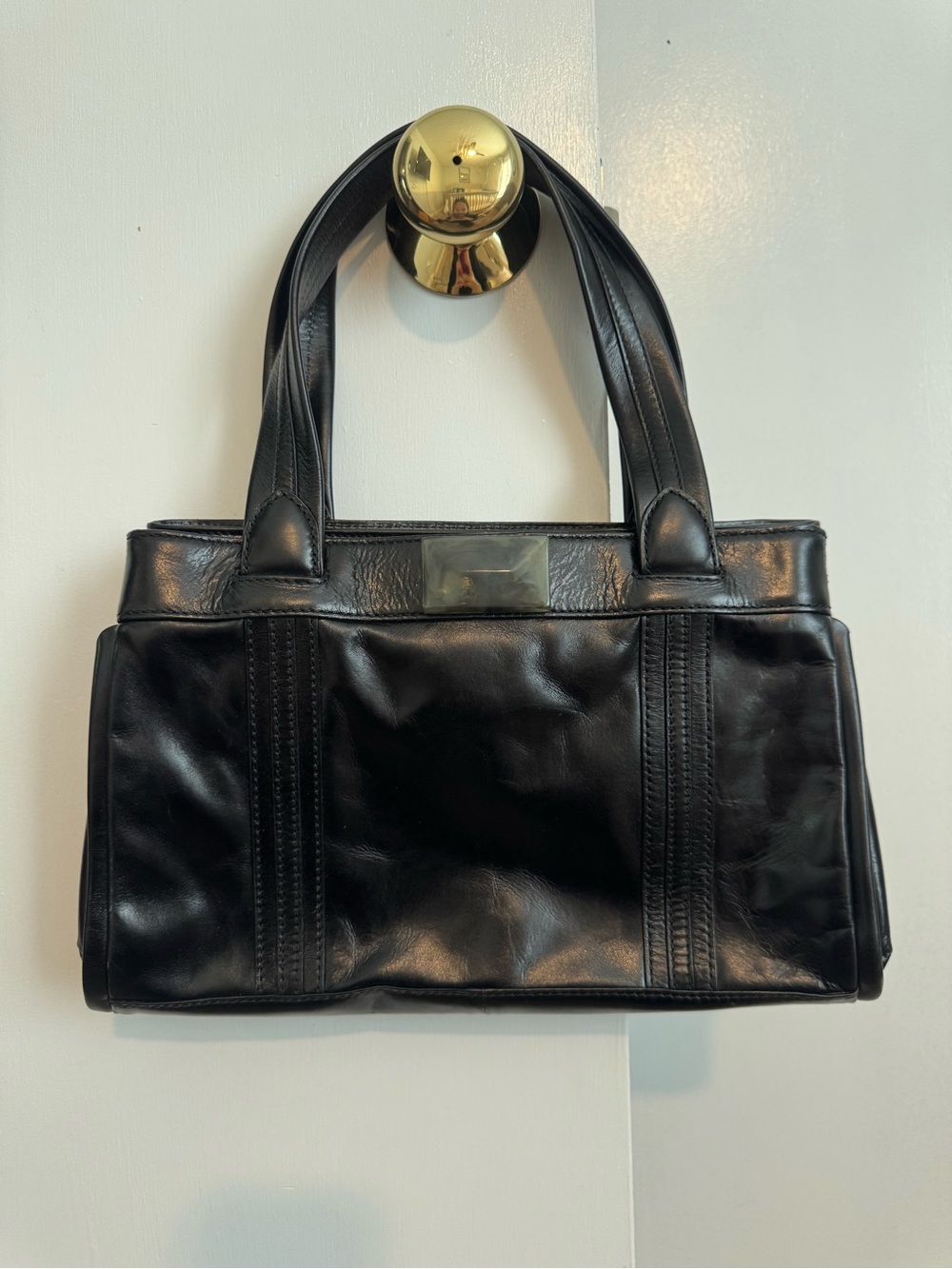 Black Faux Leather Structured Tote Handbag with Gemstone
